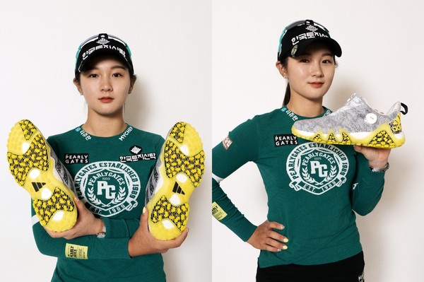 박현경이 한층 업그레이드된 ‘코드케이오스 22’ 제품을 소개하고 있다. [사진= 아디다스골프 제공]