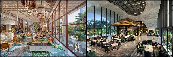 (왼쪽부터) 방콕 만다린 오리엔탈 호텔·방콕 신돈 캠핀스키 호텔 로비 전경 [사진=하나투어 제공]